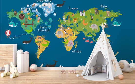 Kids World Map Blue wallpaper mural shown as a full feature wall that highlights the design
