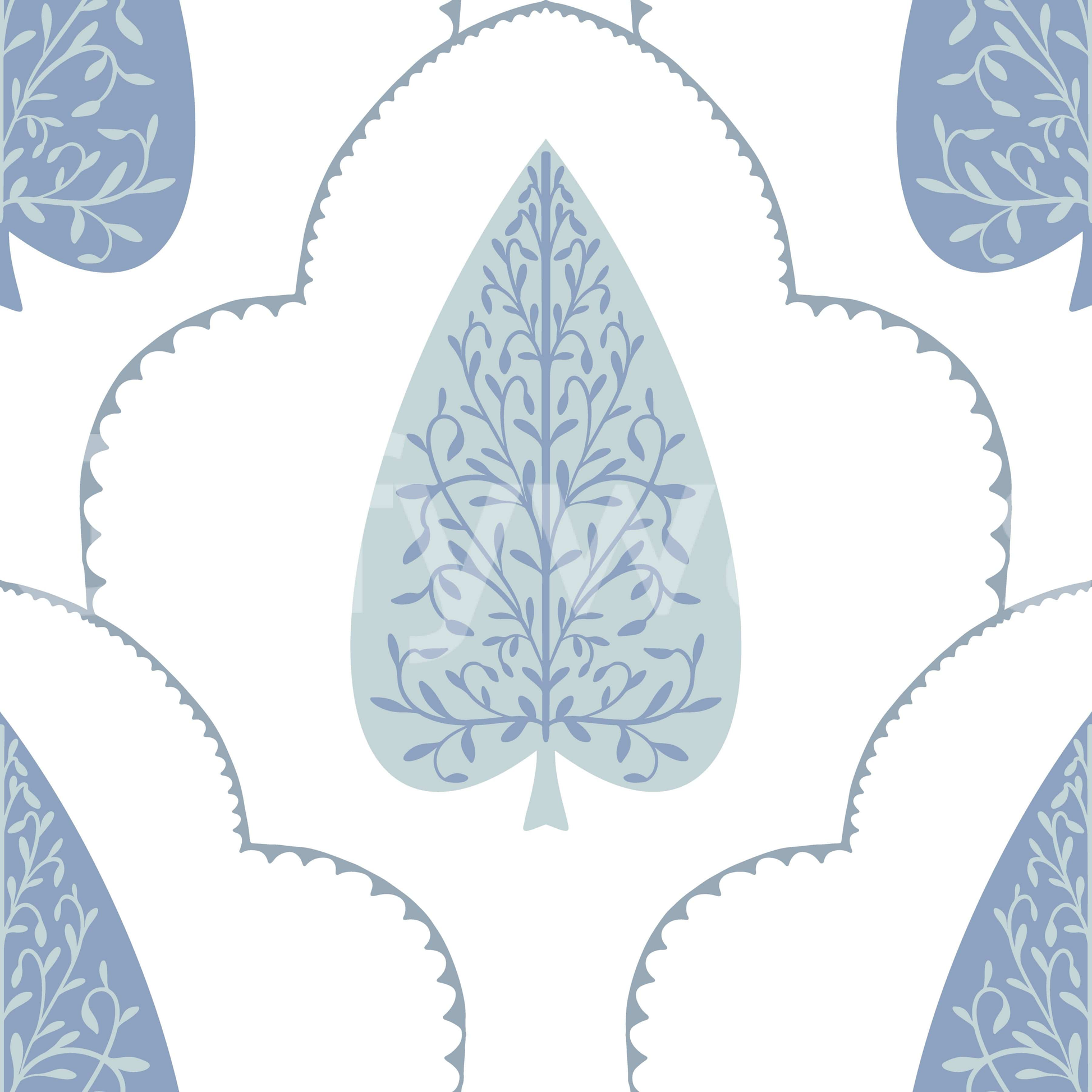 Scalloped Blue Botanic Arbor mural, repeating geometric frame.