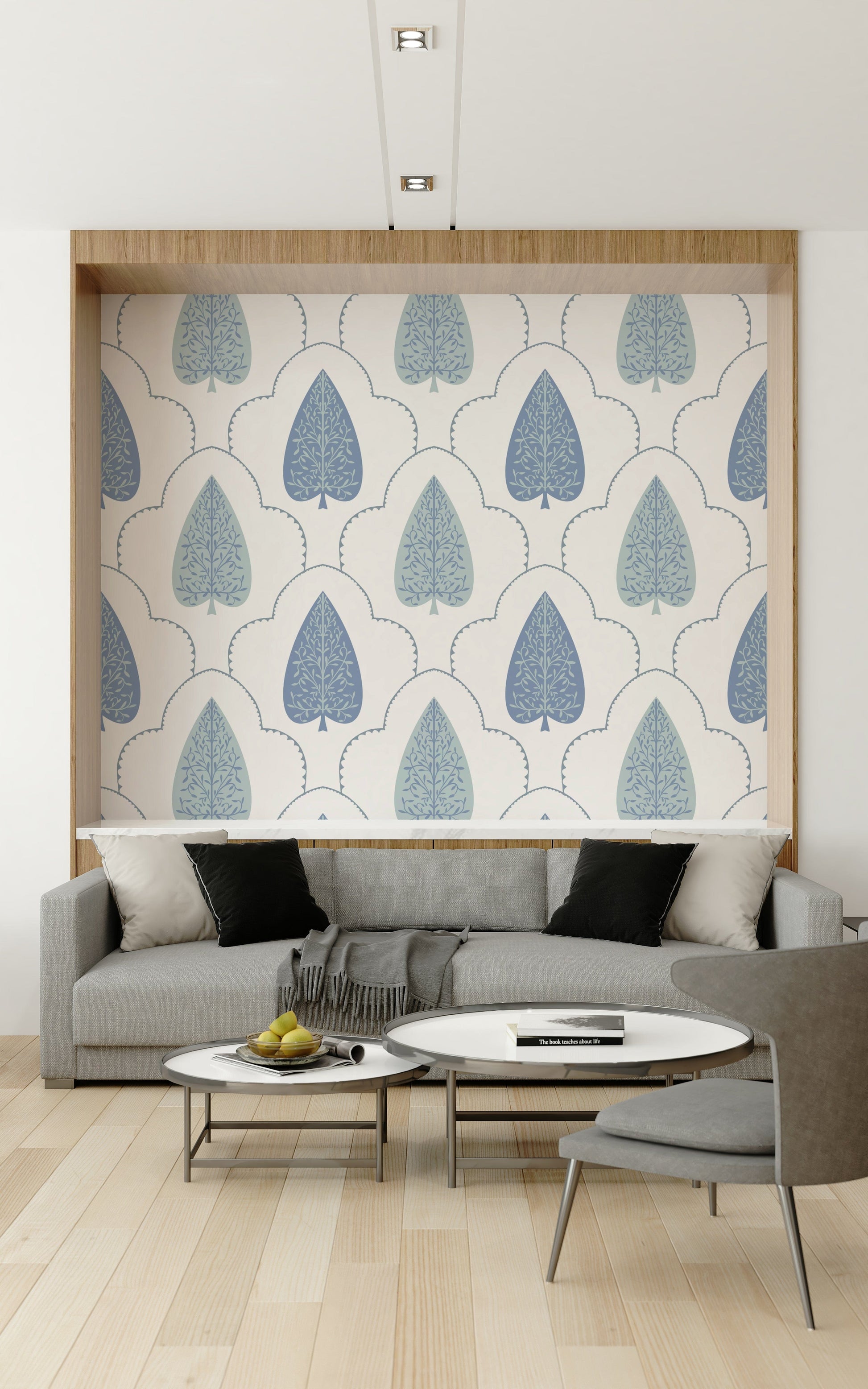 Artistic Blue Botanic Arbor mural wallpaper, clean white background.