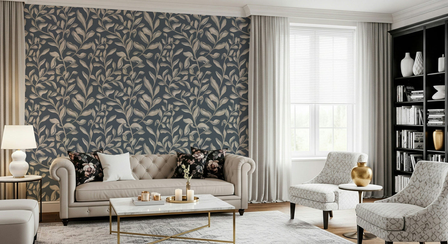 Ethereal Leaves flowing branch design peel and stick wallpaper.