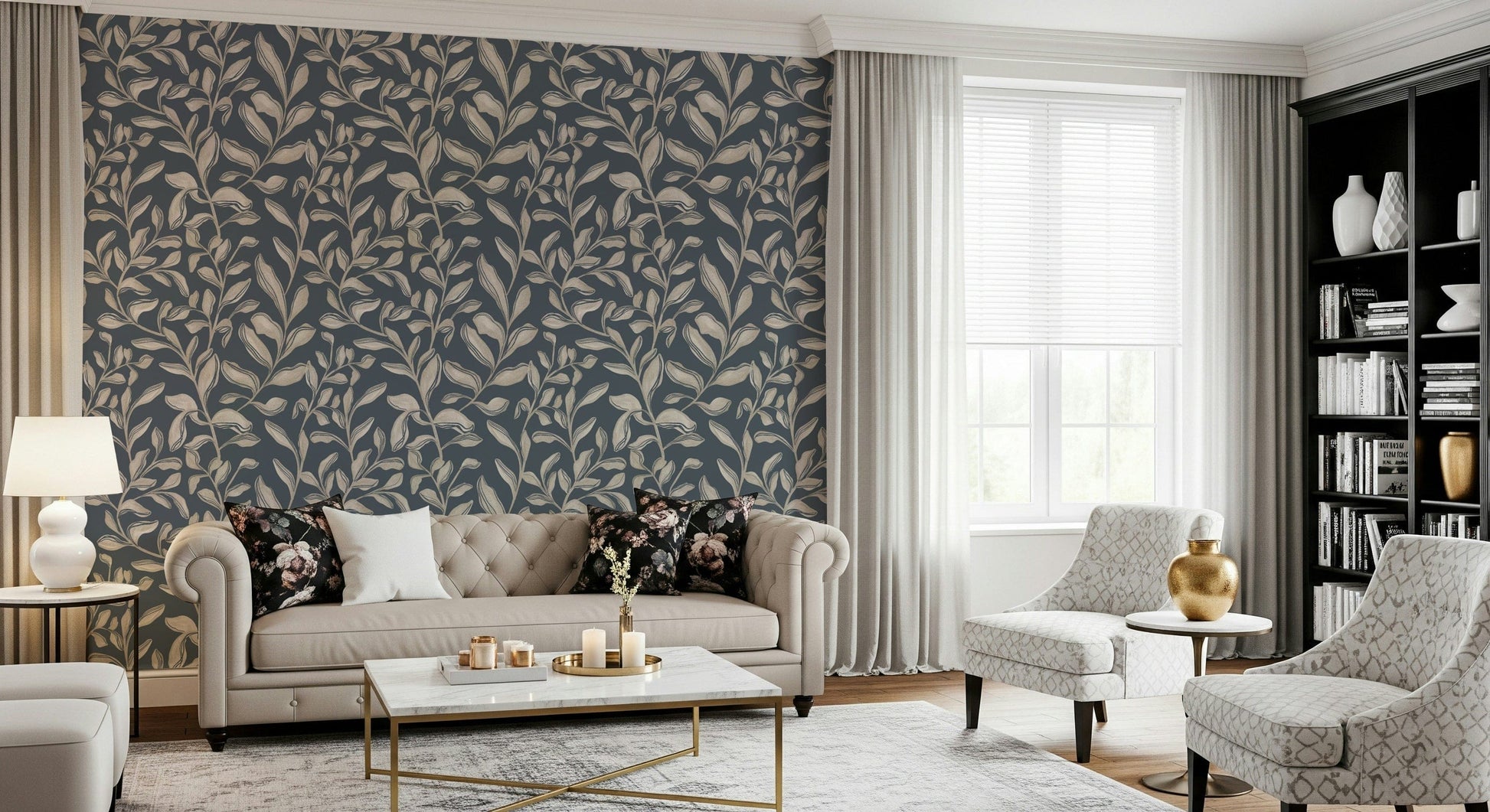 Ethereal Leaves flowing branch design peel and stick wallpaper.