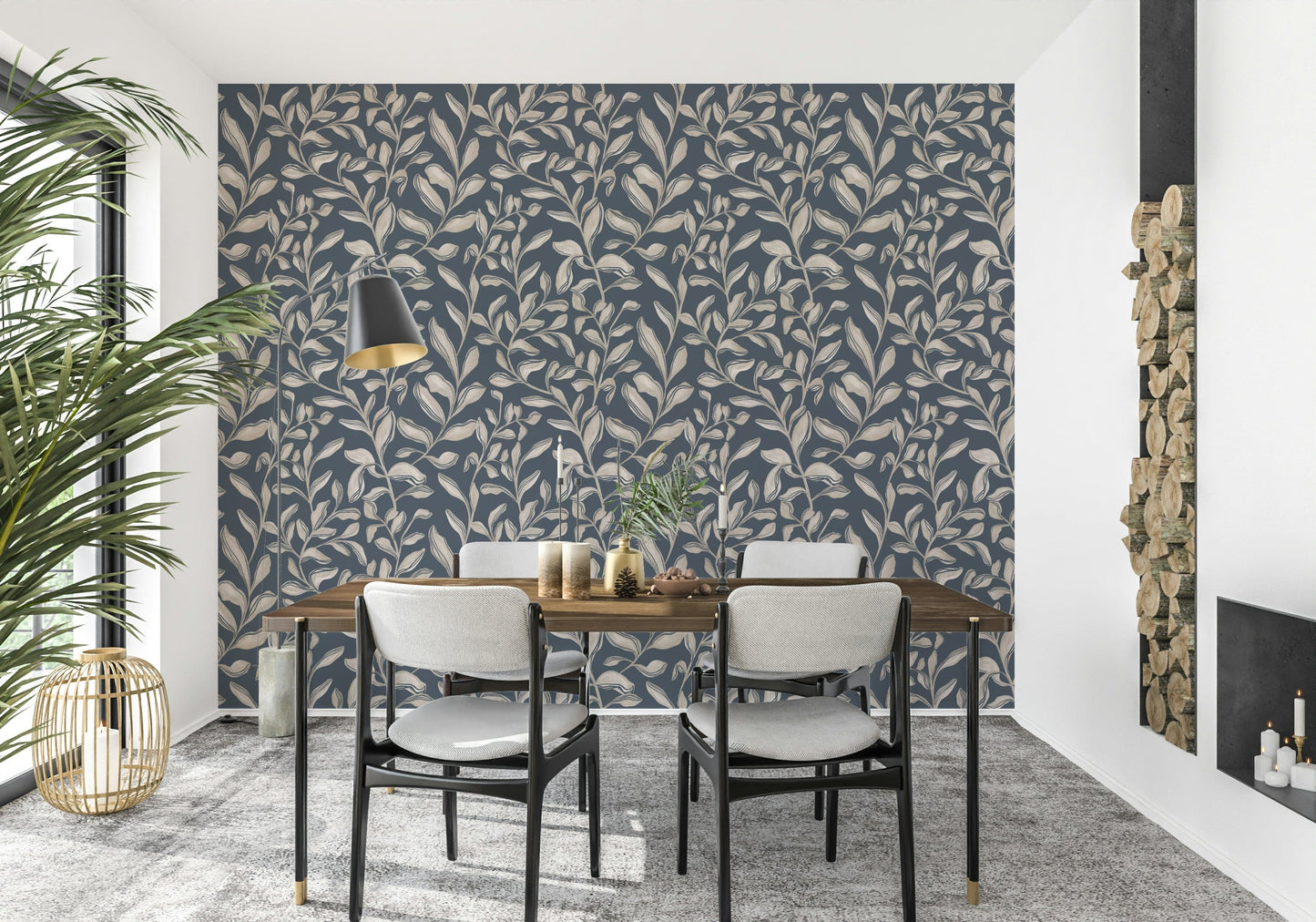 Moody indigo backdrop Ethereal Leaves elegant wallpaper for walls.