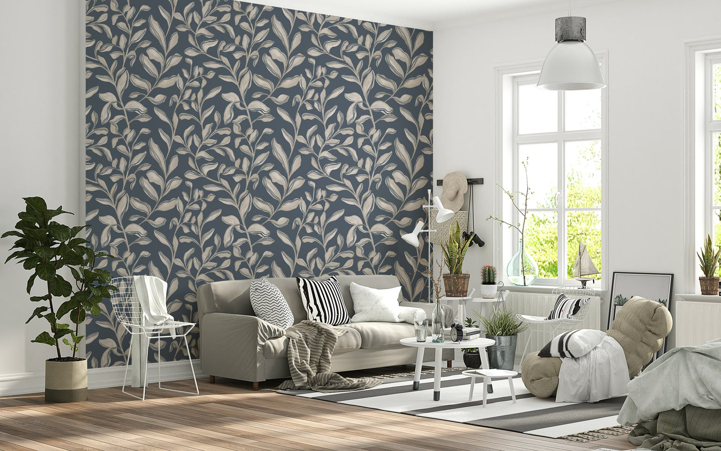 Ethereal Leaves botanical wallpaper mural in dusty navy tones.