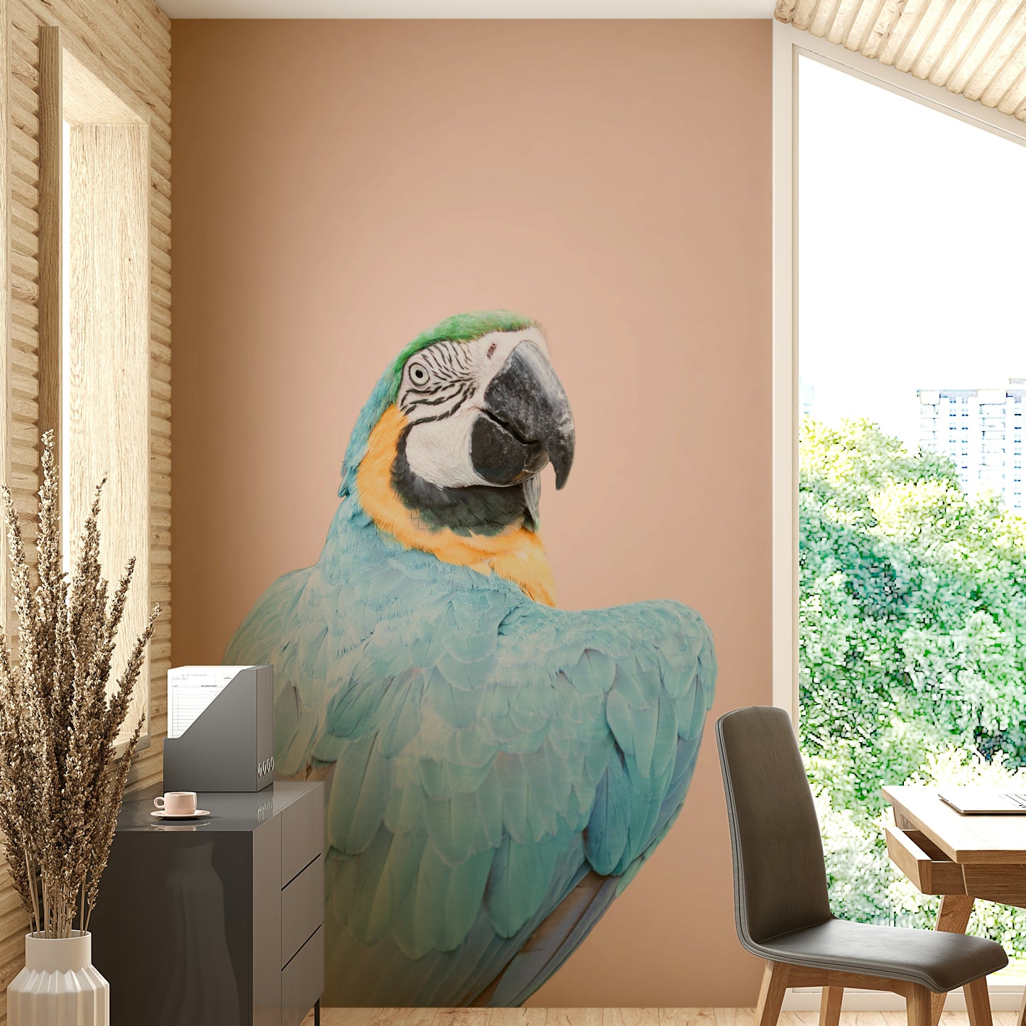 Nature-inspired mural with bright macaw bird

