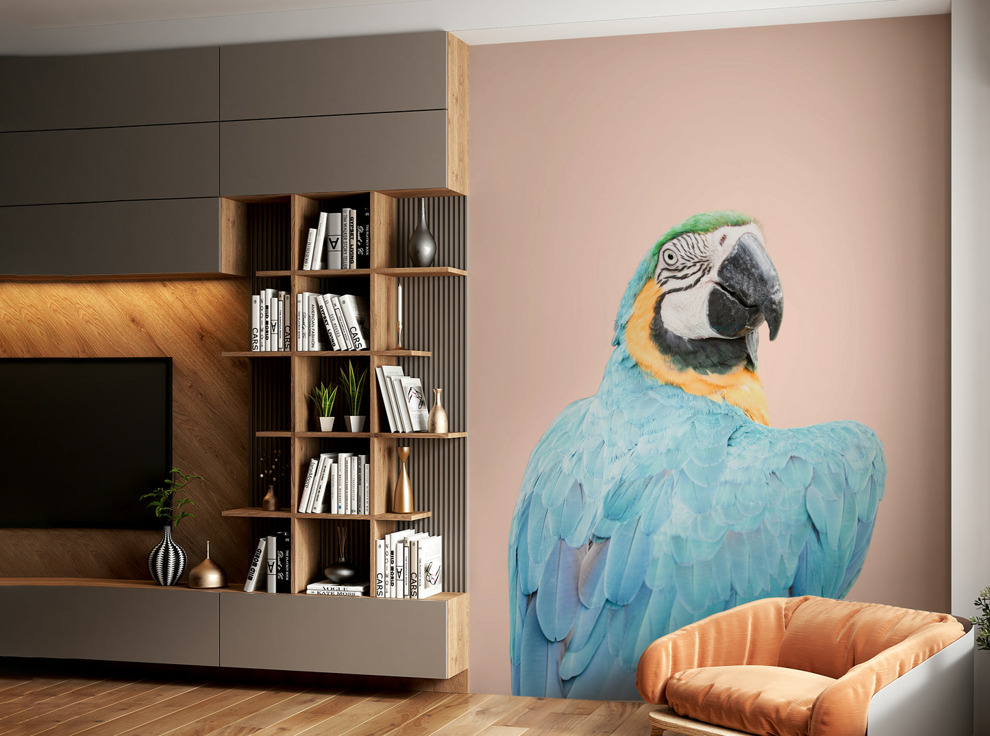 Bright macaw mural with lush green foliage

