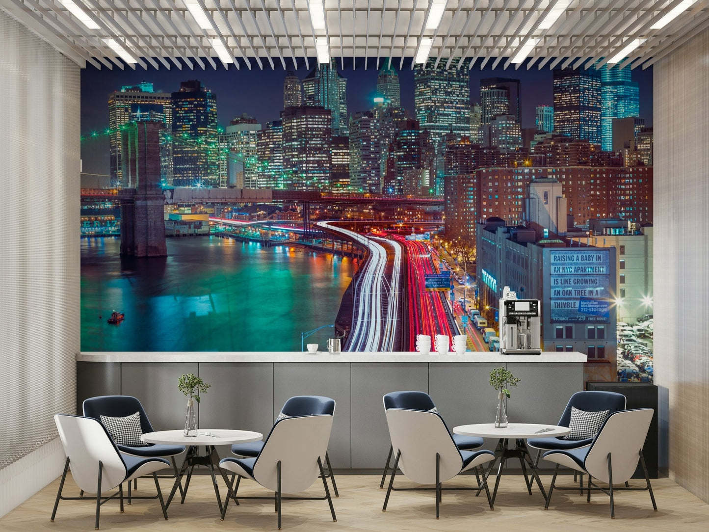 Illuminated skyscrapers reflecting light.

