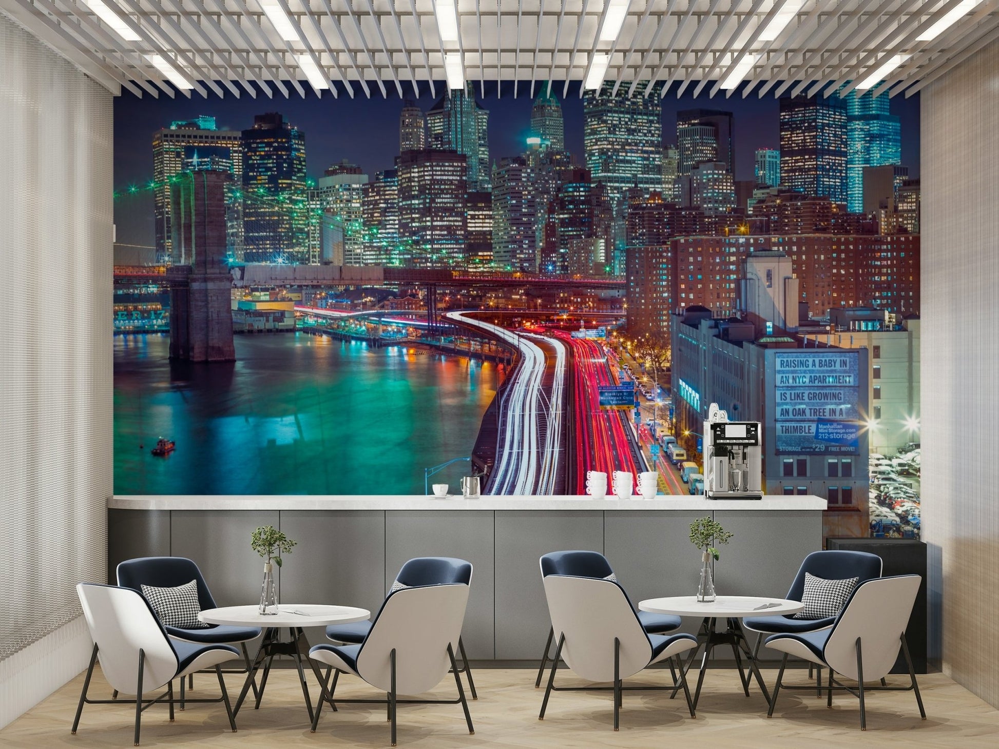 Illuminated skyscrapers reflecting light.

