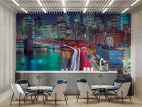 Illuminated skyscrapers reflecting light.

