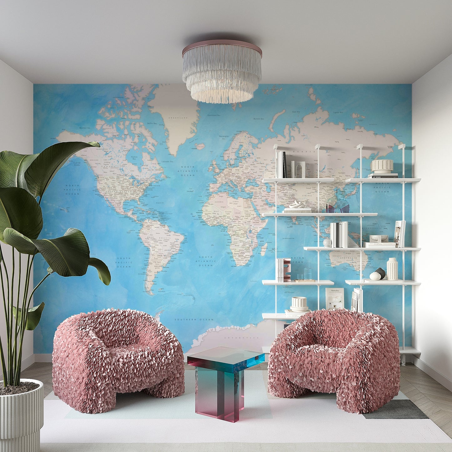 Watercolor-style global map in cool blue hues

