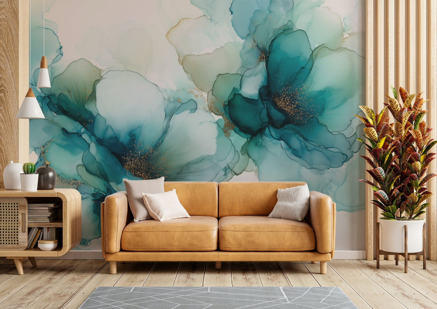 Delicate blue mural wallpaper design


