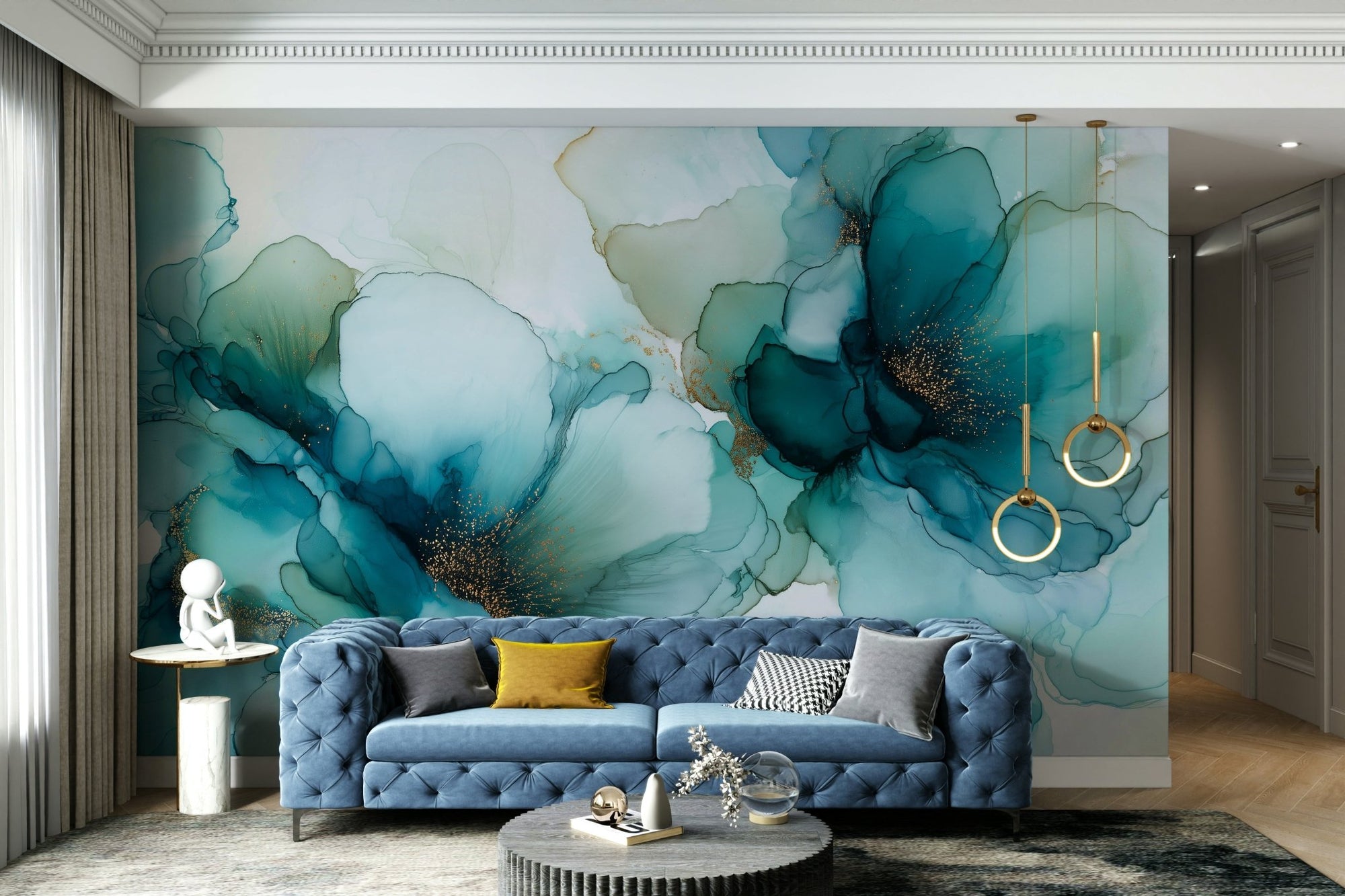 Blue Mist Ink Flowers wallpaper mural in teal and gold above a blue tufted sofa with mustard pillow in an elegant living room