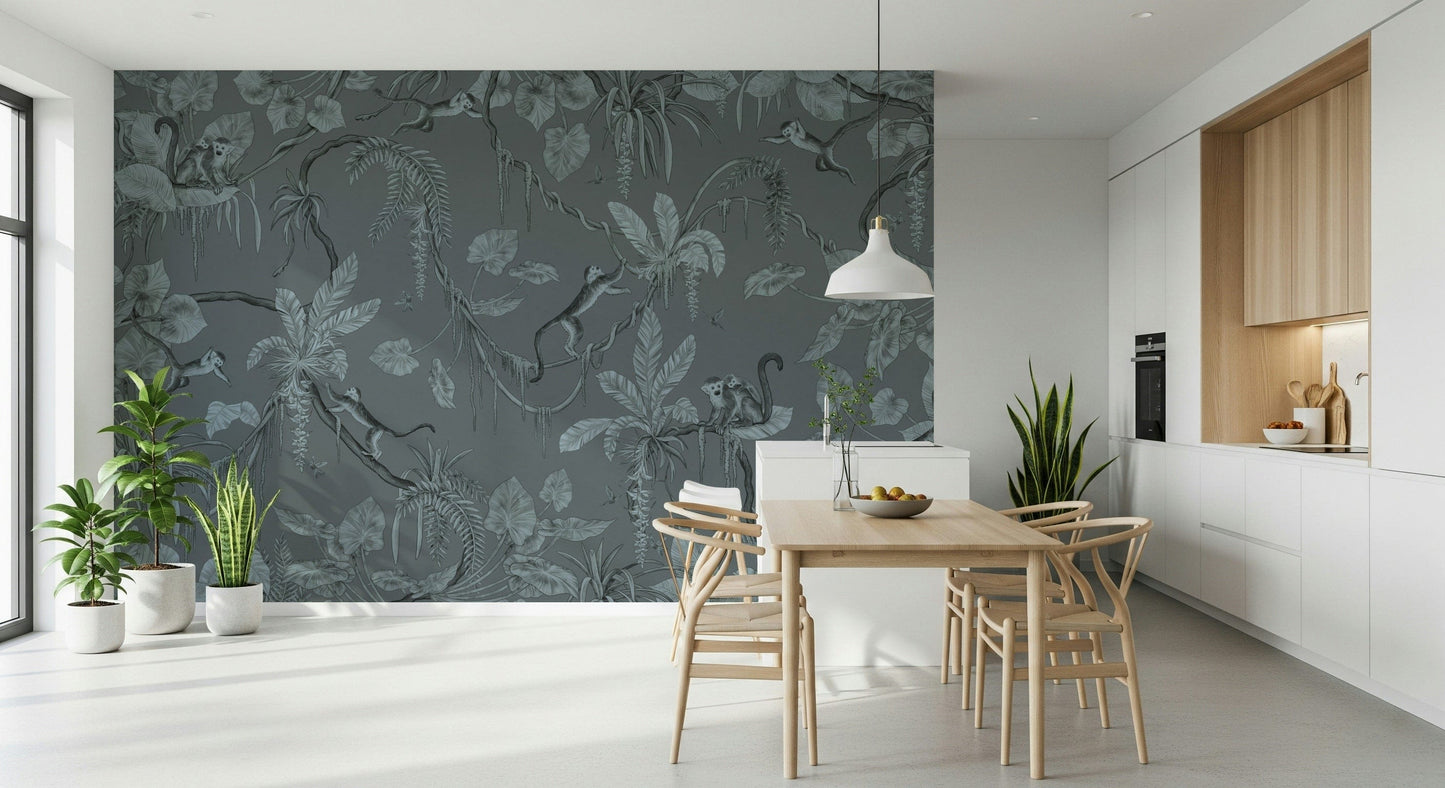 Tranquil jungle wall mural featuring blue-toned sketches of tropical plants