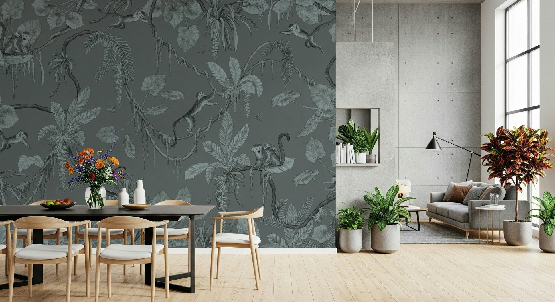 Artistic jungle mural in calming blue shades with detailed leaf patterns