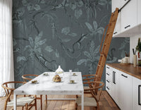 Serene wall mural featuring a blue-toned sketch of jungle foliage