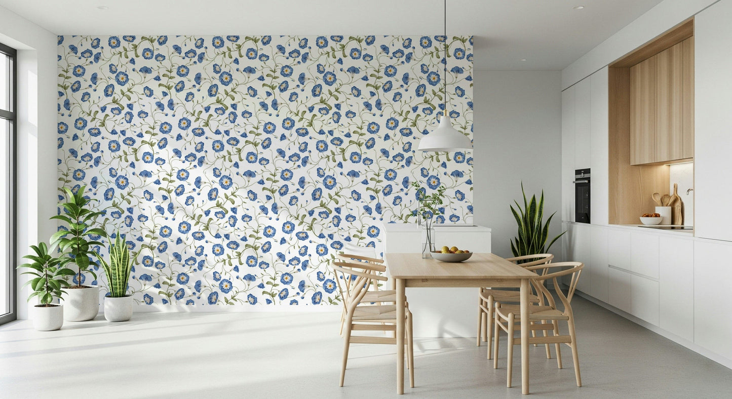 Fresh blooming Morning Glory wallpaper for walls creating airy atmosphere