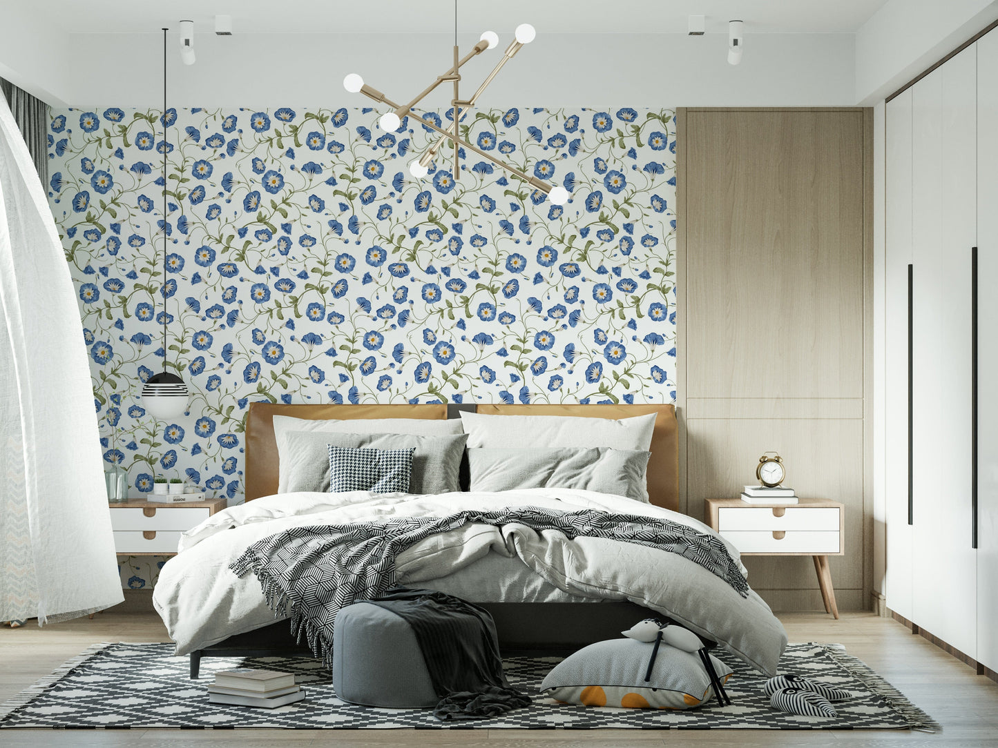 Removable Morning Glory peel and stick wallpaper with intricate garden motifs
