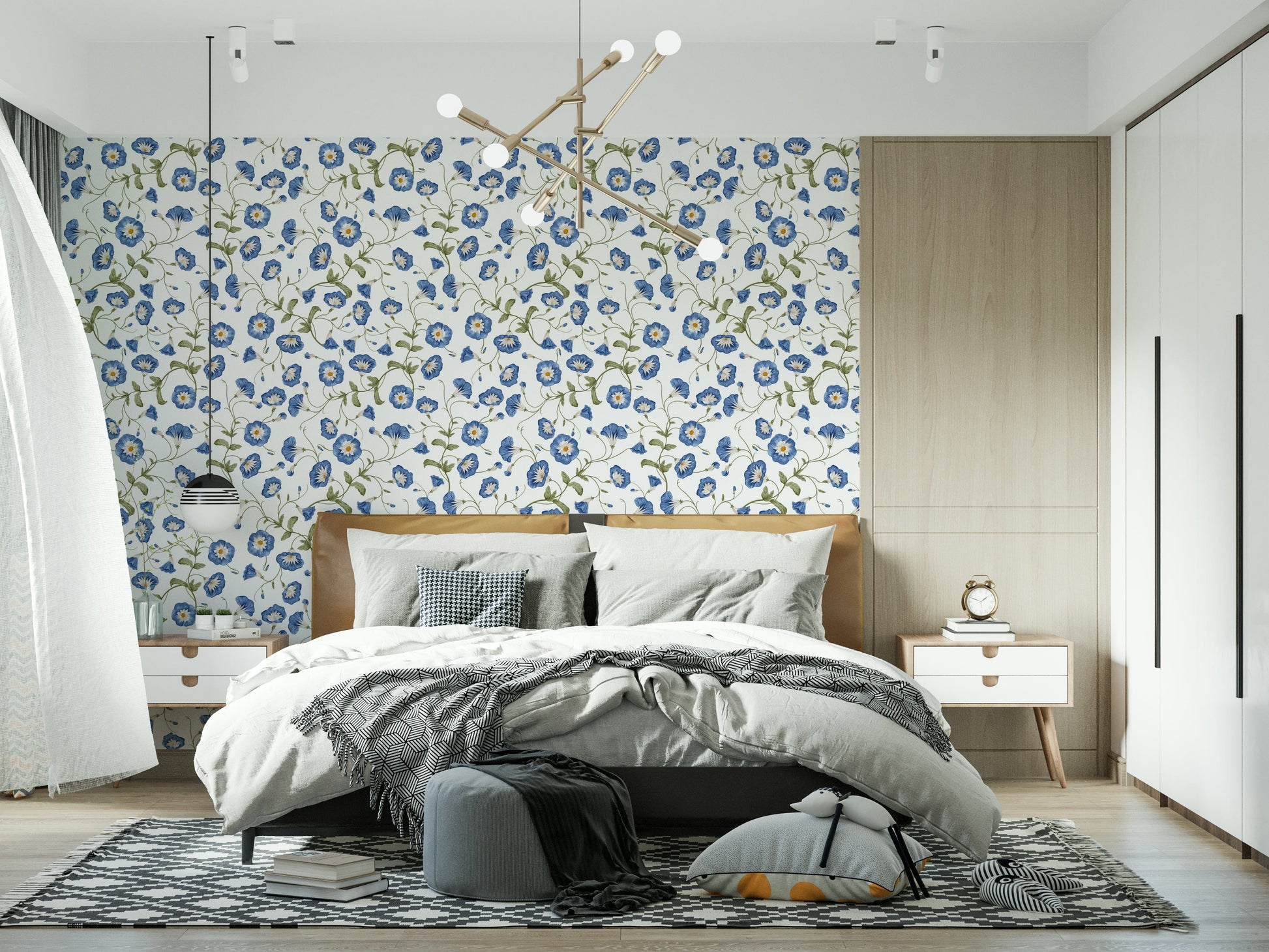 Removable Morning Glory peel and stick wallpaper with intricate garden motifs
