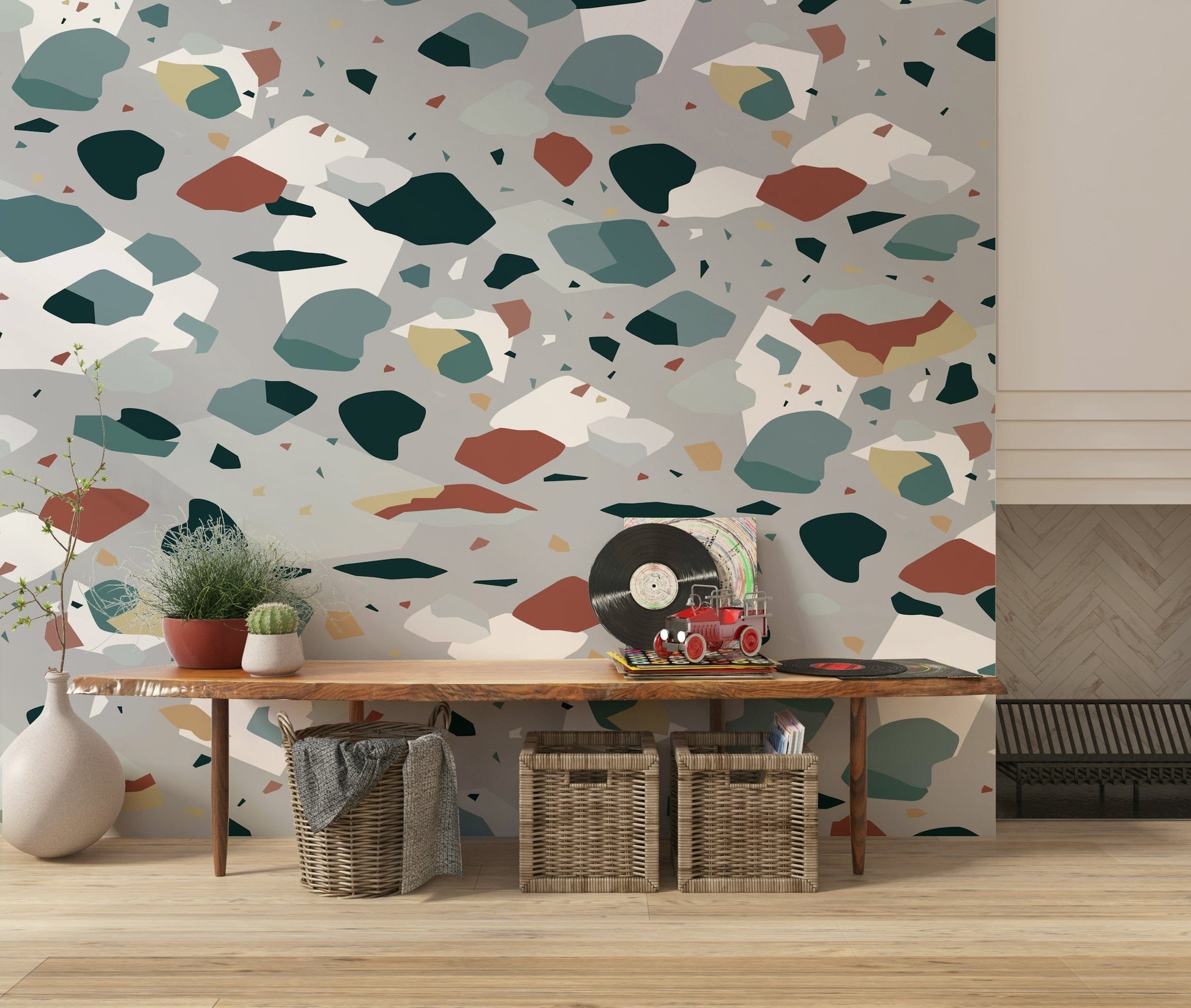 A calming abstract design wallpaper mural that defines a space.