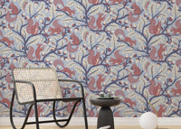 Oak tree mural with squirrels on blue background

