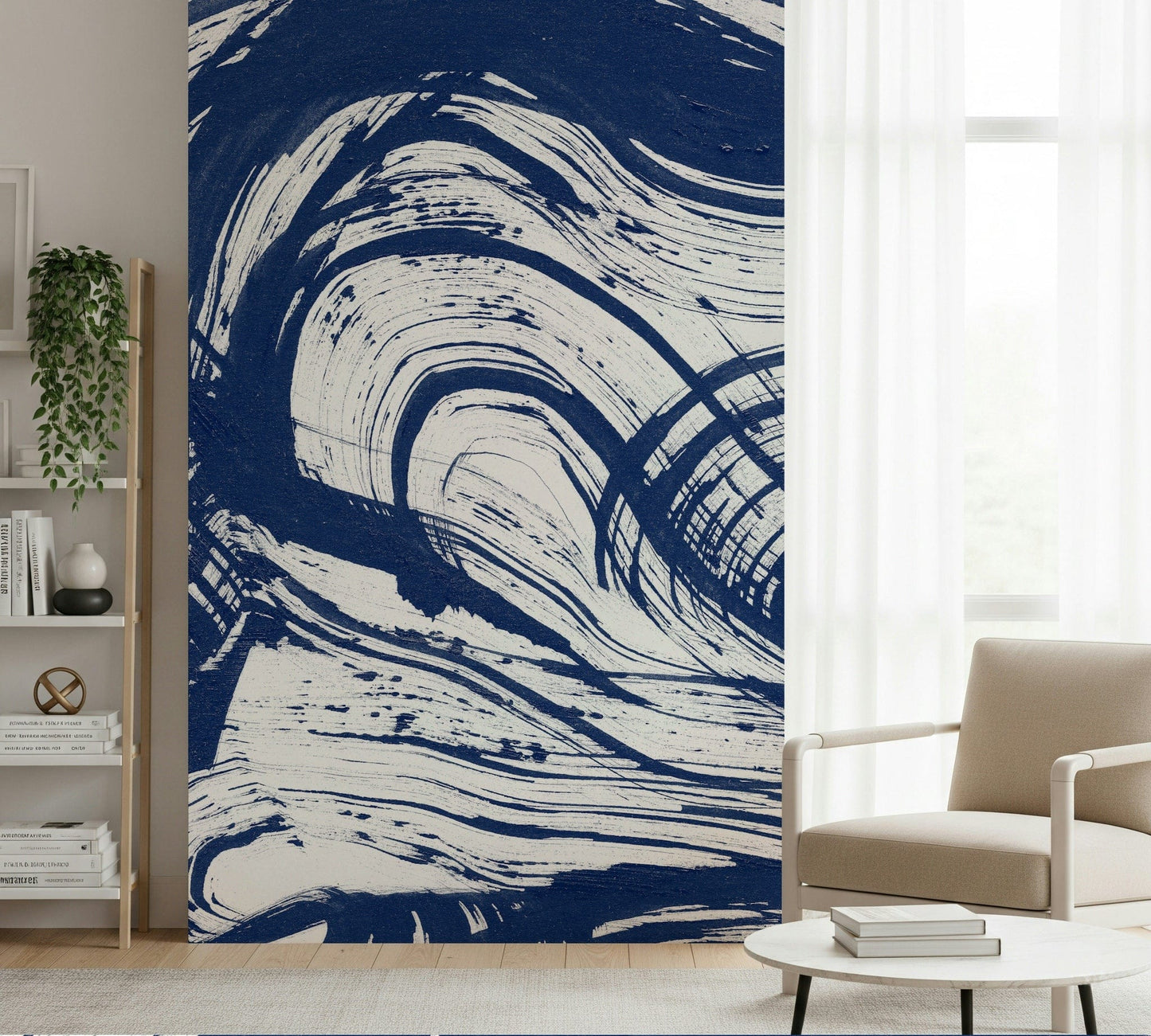 A peaceful coastal scene mural on decorative wallpaper.

