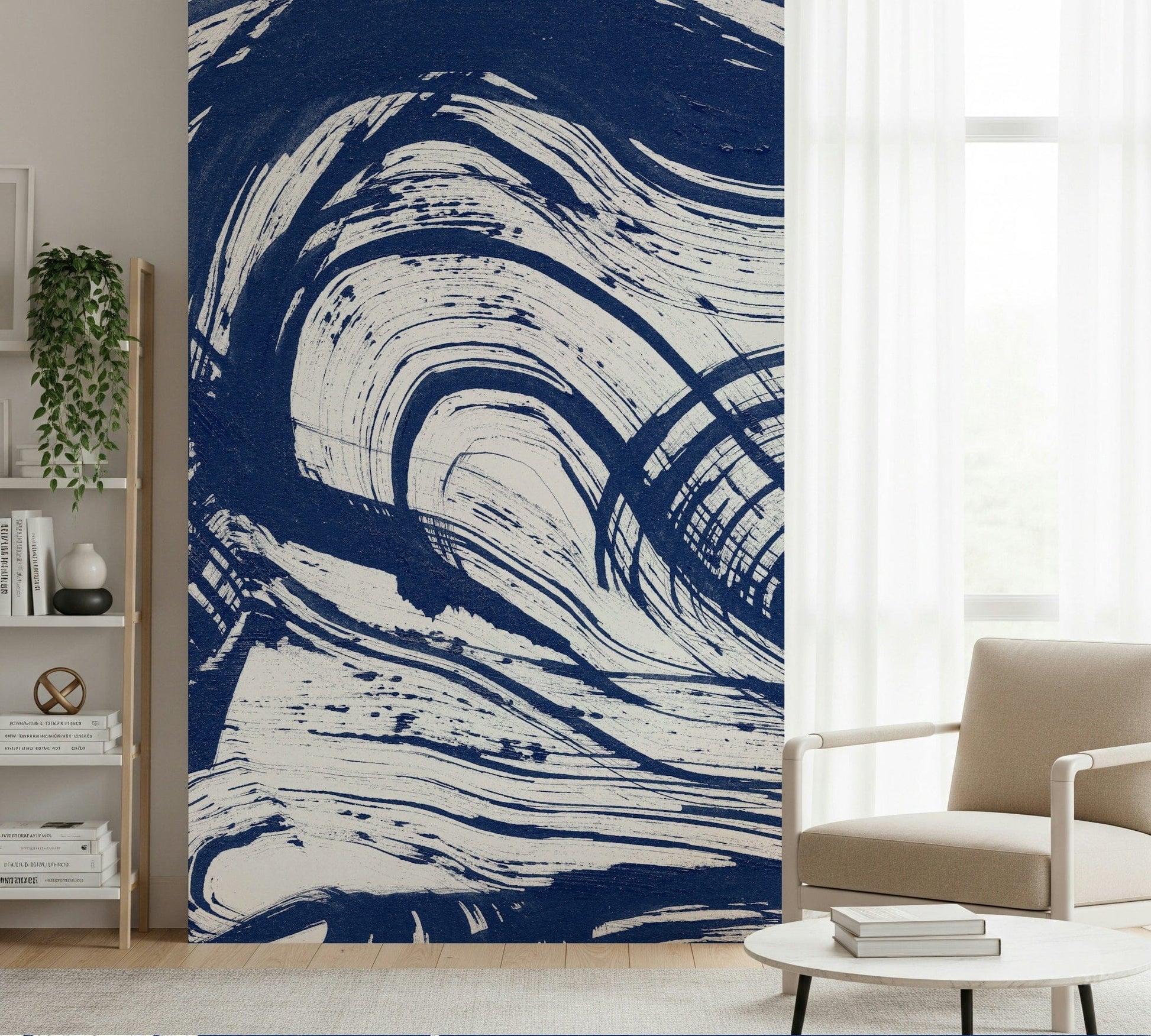 A peaceful coastal scene mural on decorative wallpaper.

