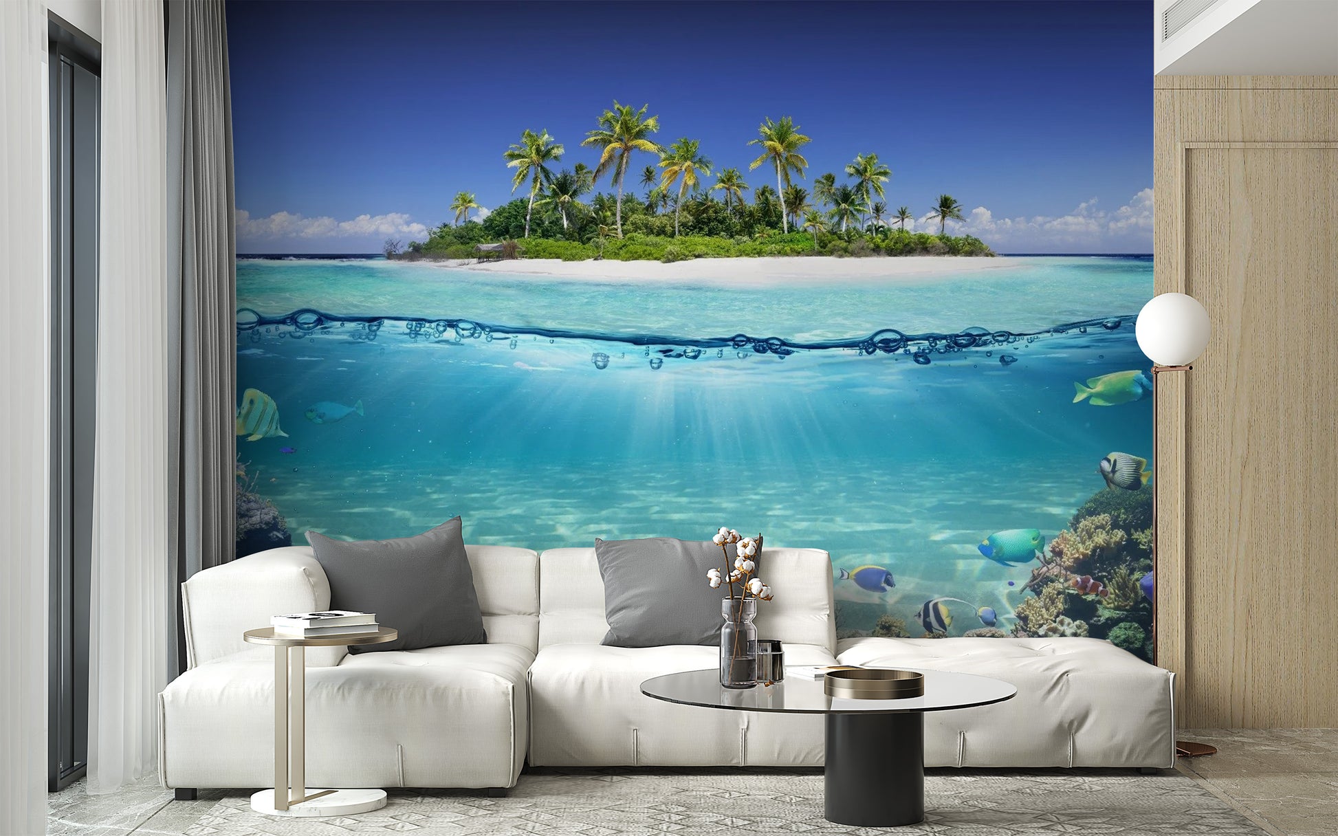 Blue Ocean Island Beach Wallpaper Mural - Giffywalls