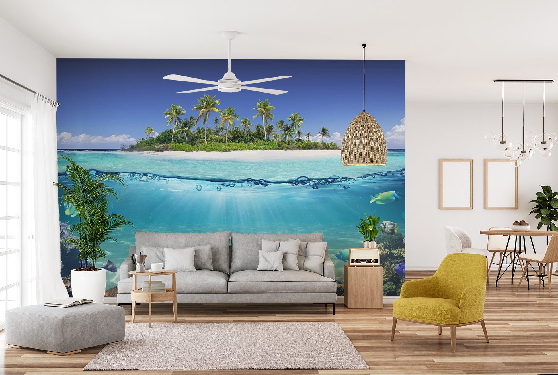 Tropical beach wallpaper mural with vibrant blue ocean tones.