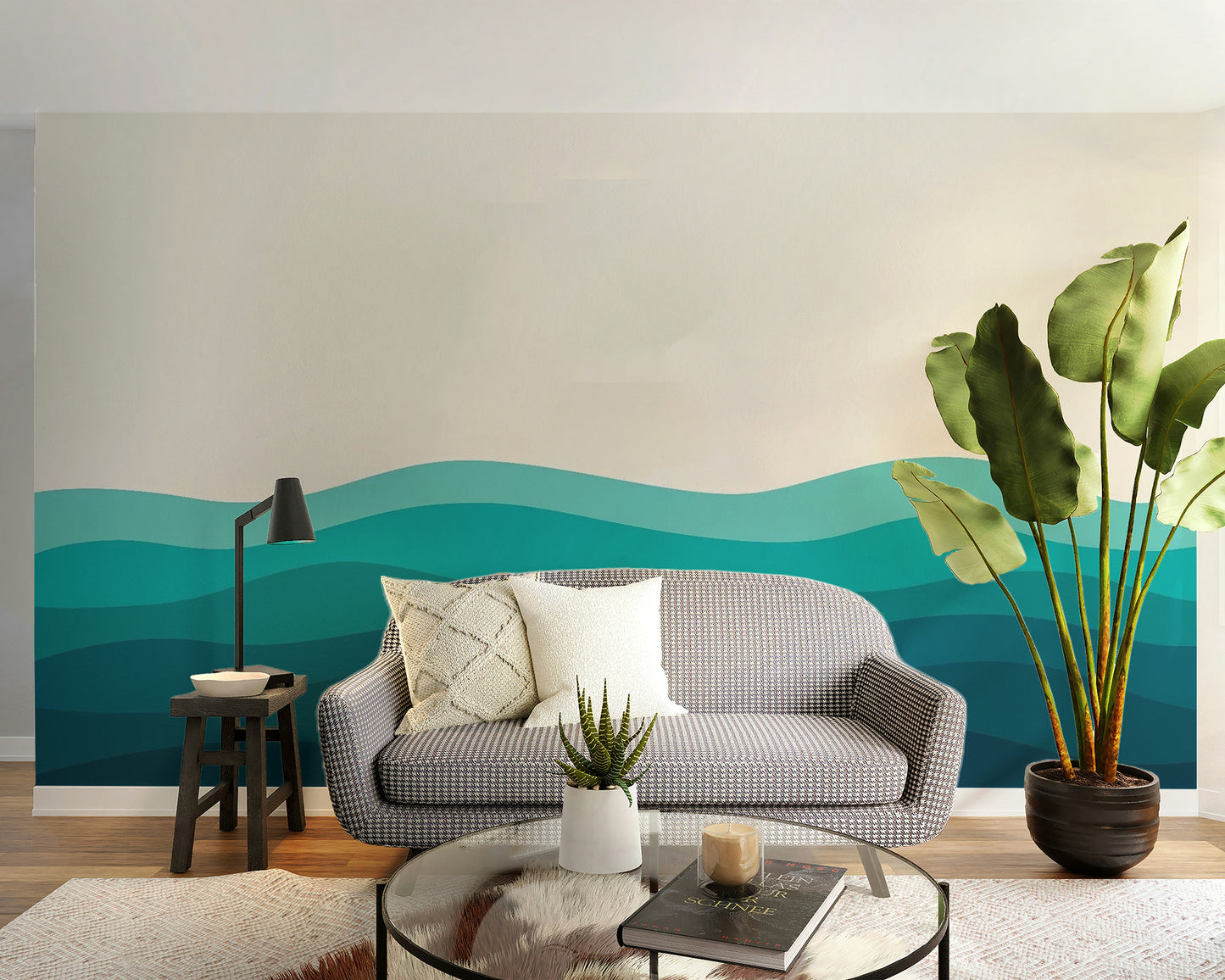 Deep azure ocean wave wallpaper for a coastal interior style.