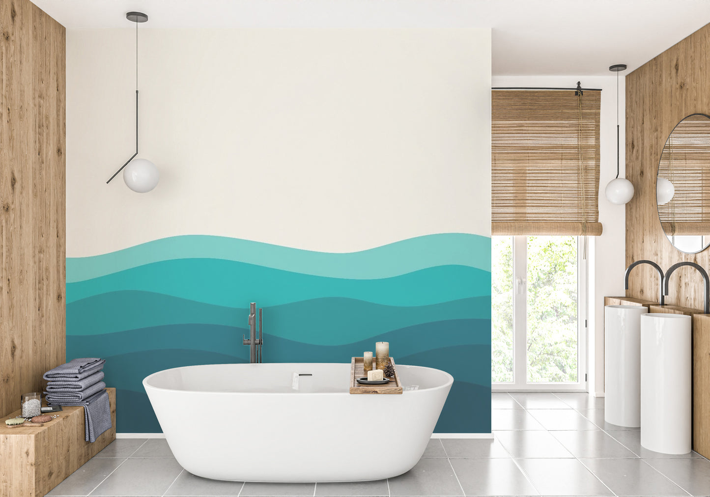 Coastal landscape wall mural with a large crashing wave.