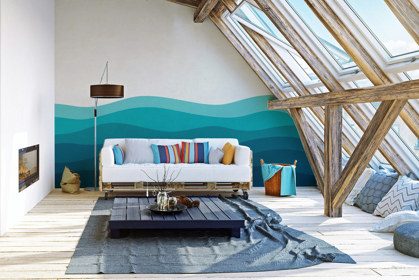 Minimalist sea wave wall mural with fluid water motion.