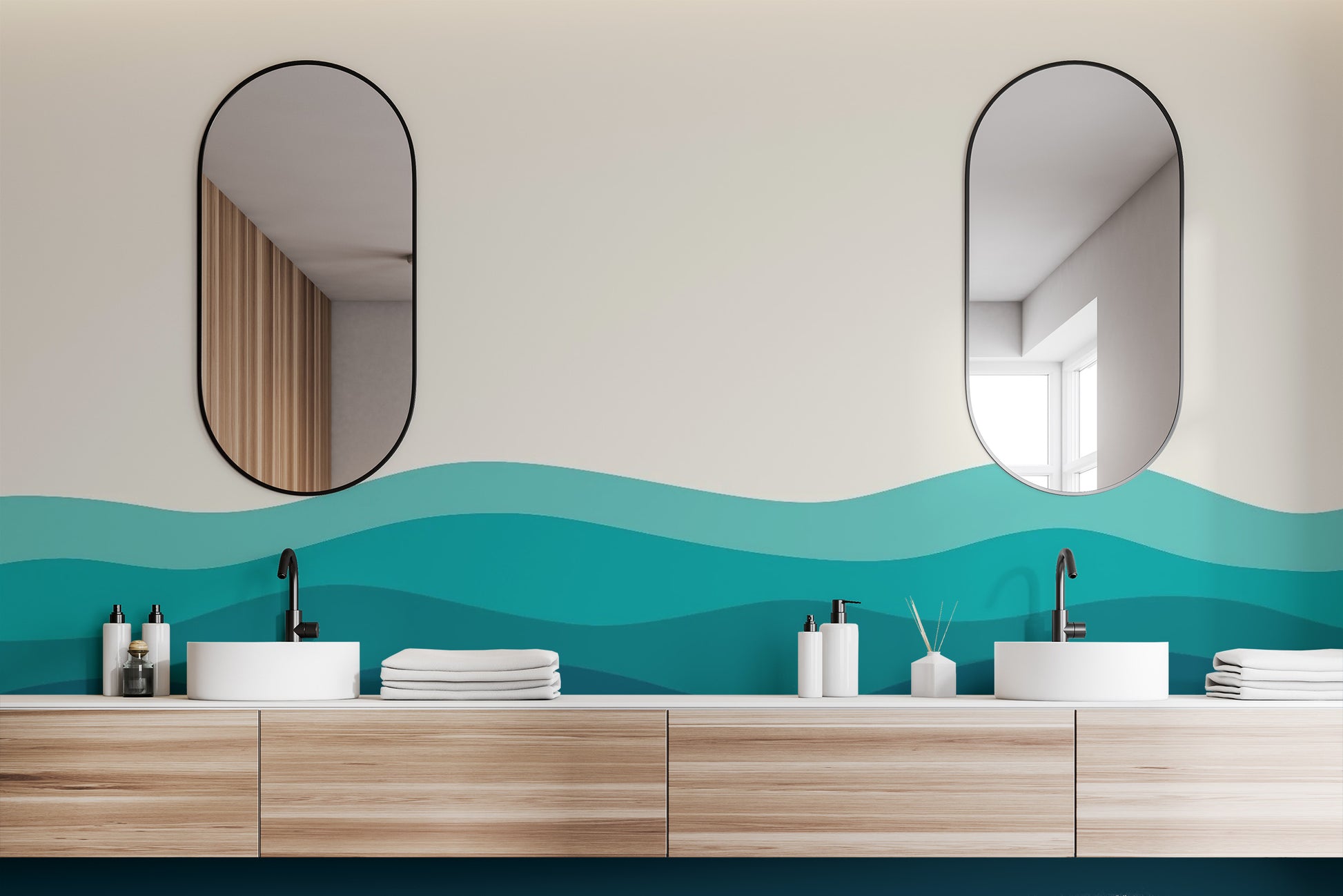 Calm teal blue ocean wave wallpaper with soft aquatic light.