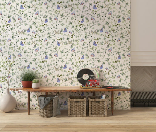 Blue Pastel Butterfly Garden Wallpaper in a bright nursery with modern white crib.