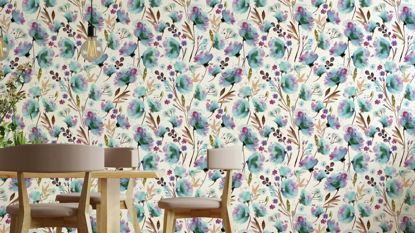 Abstract wallpaper with blue and purple poppies

