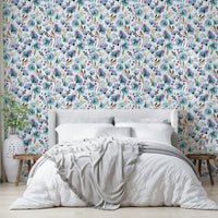 Artistic floral wall mural in violet and azure tones

