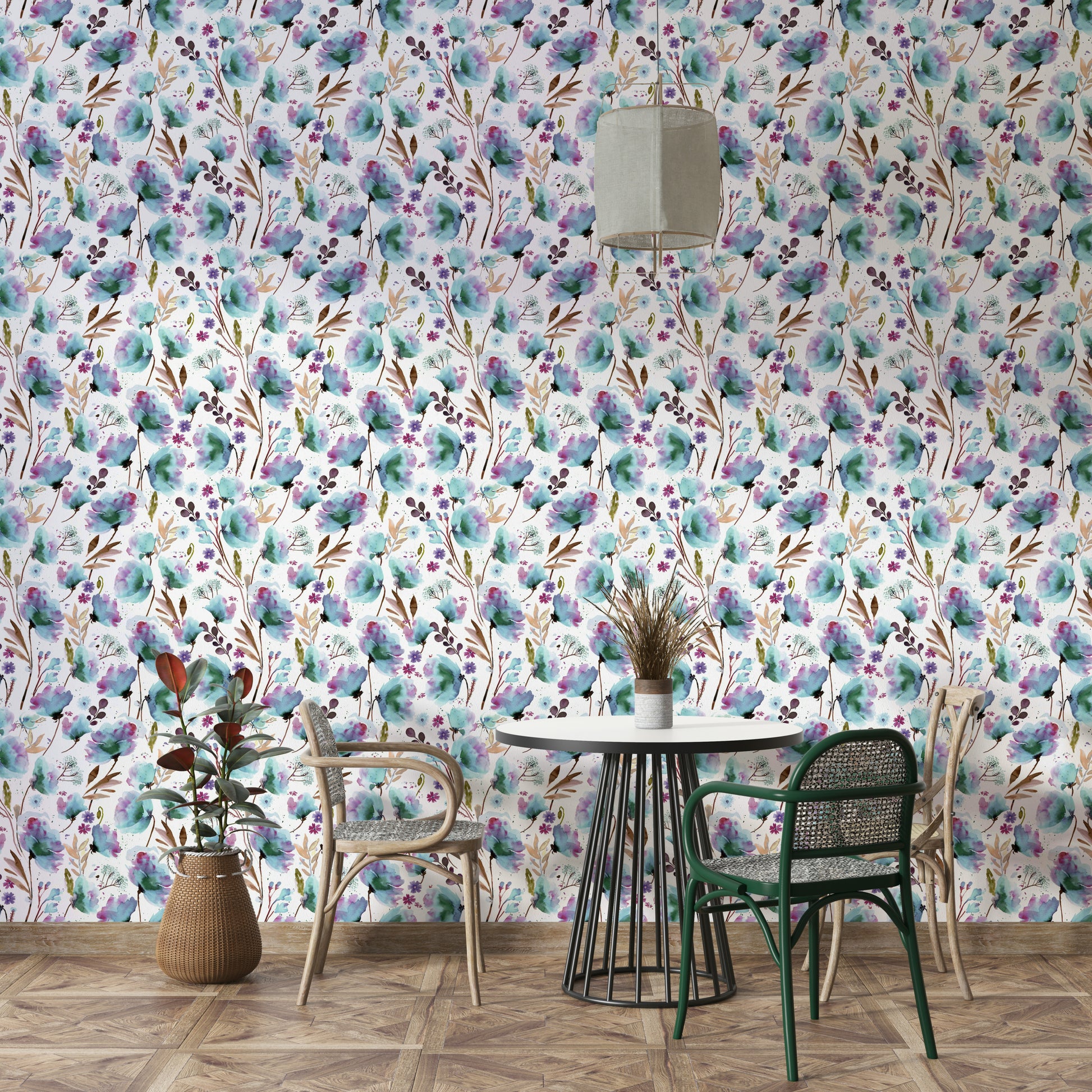 Watercolor-style poppies in abstract wallpaper

