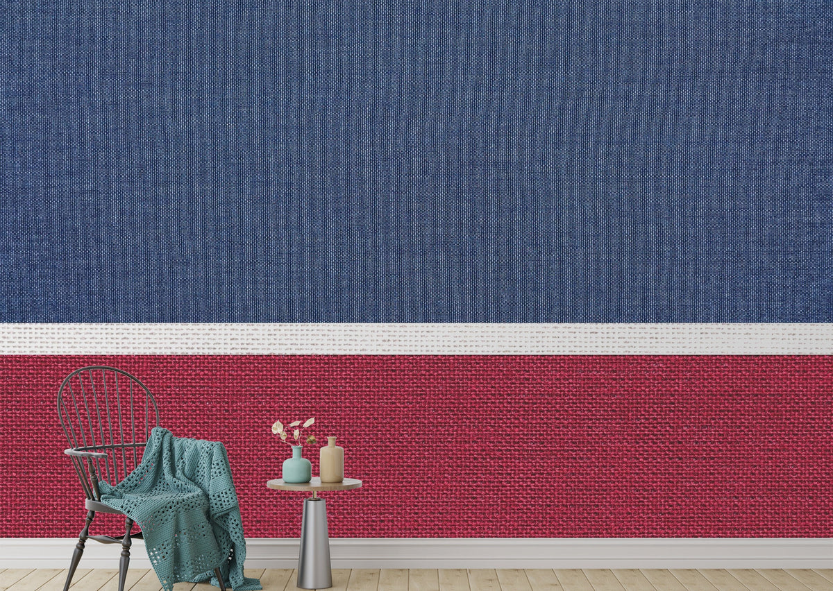 Blue & Red Fabric Texture wallpaper mural shown as a full feature wall that highlights the design