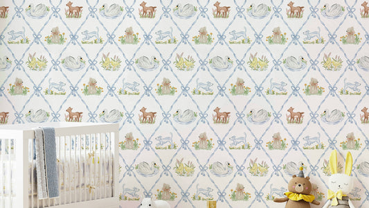 Blue Ribbon Meadow Wallpaper with wildflowers and grass

