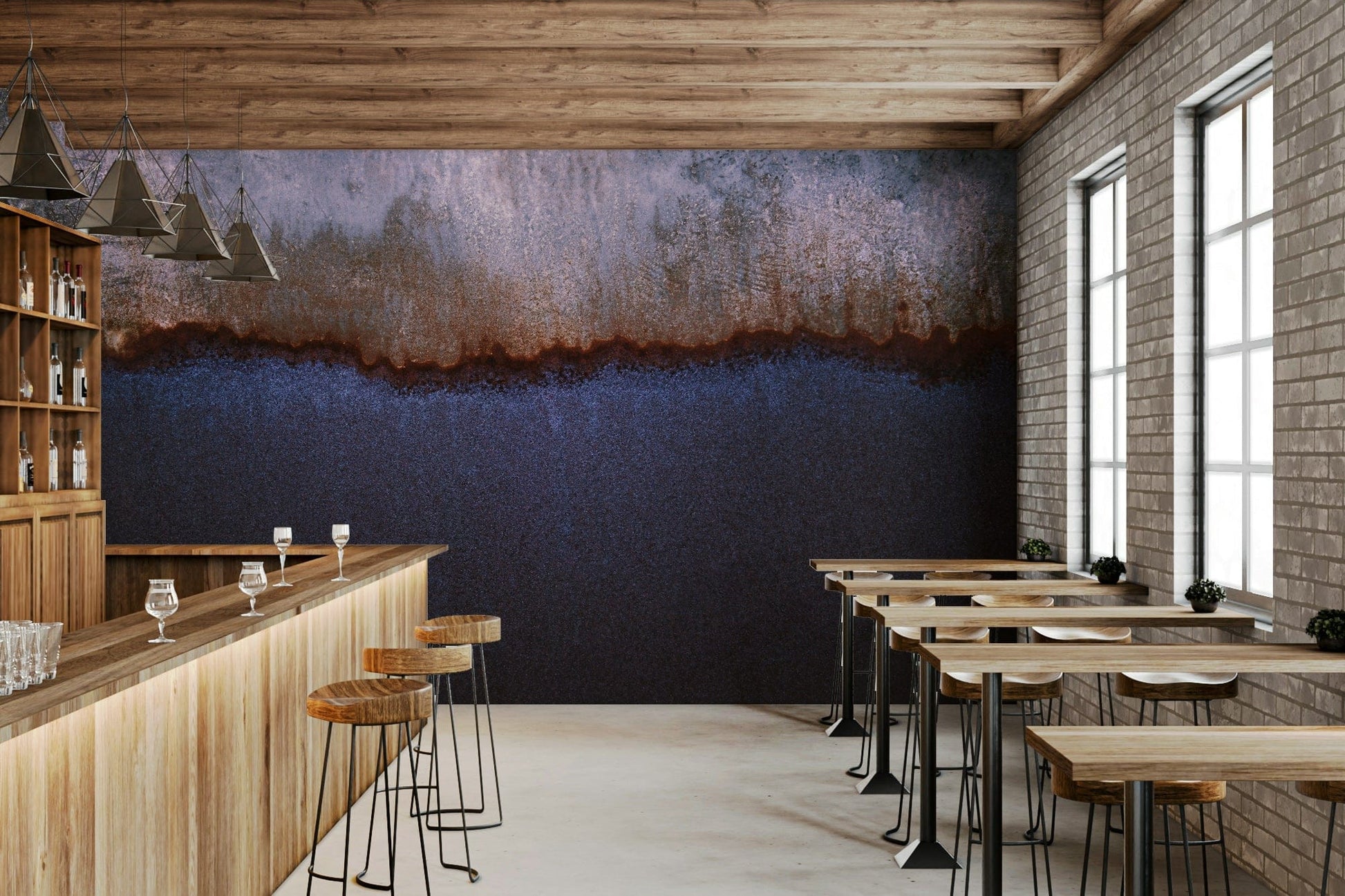 Wall art featuring oxidized patina textures creating a dramatic horizon effect