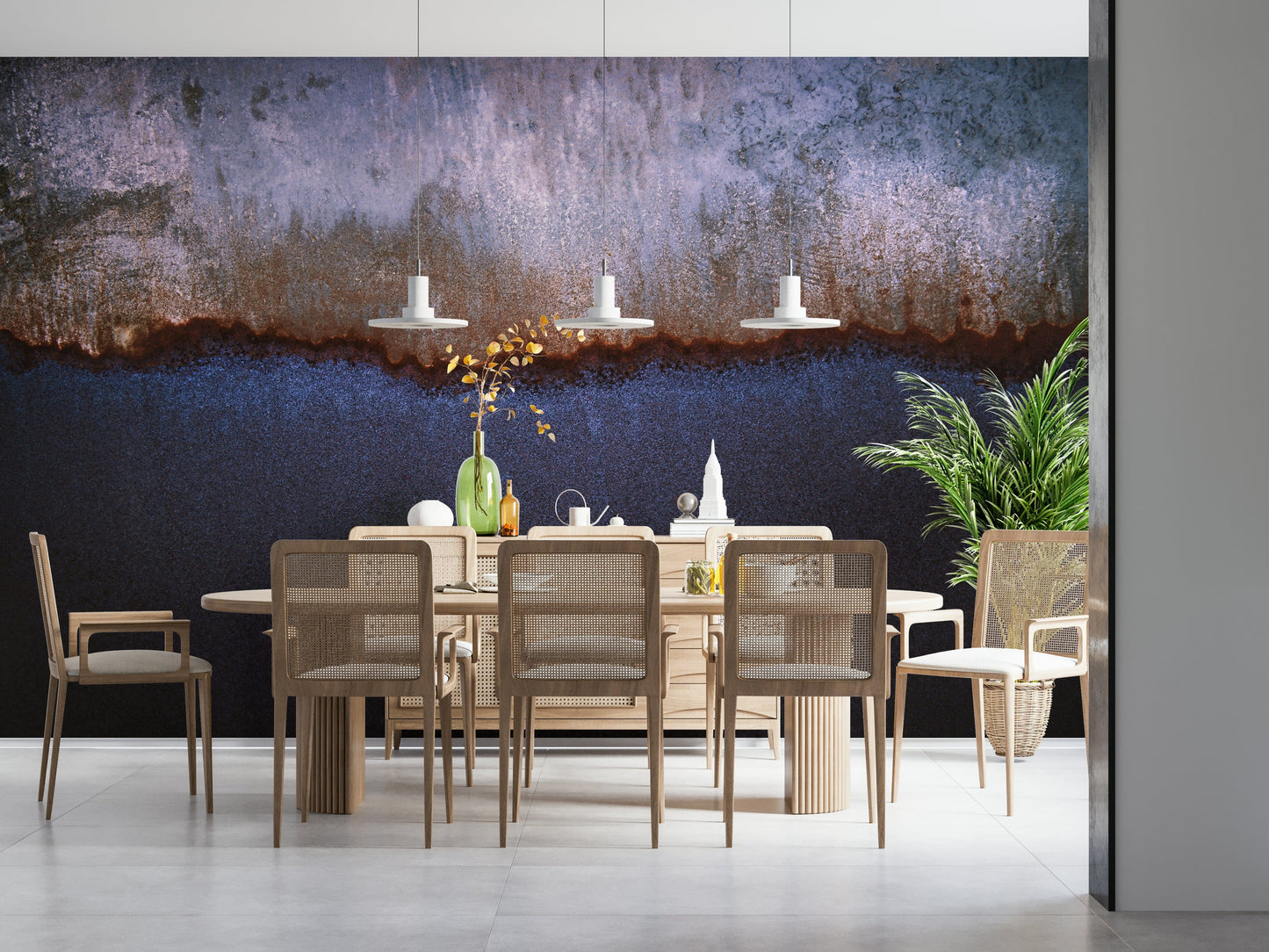 Contemporary wall art featuring oxidized surfaces with subtle color shifts
