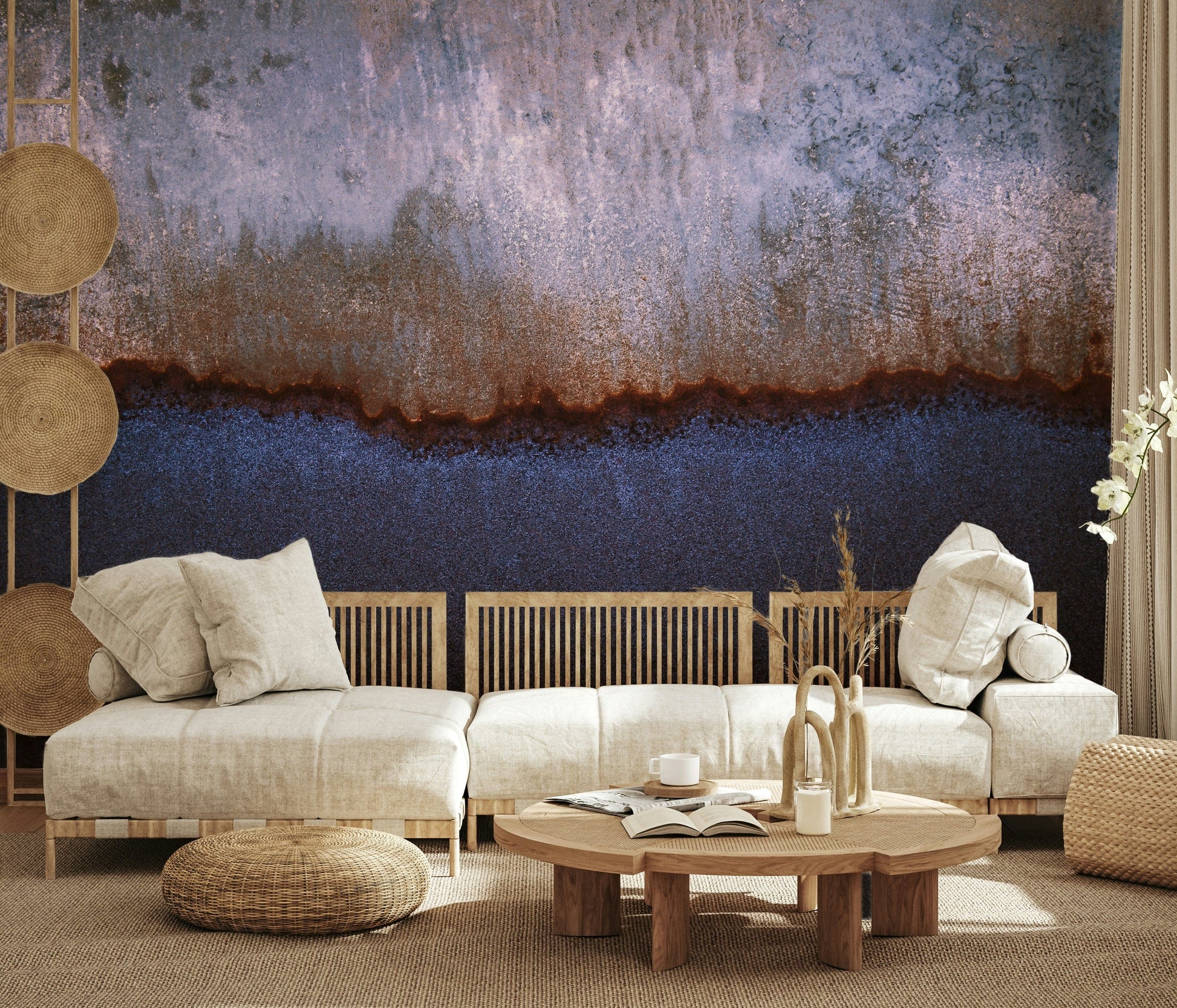 Artistic mural with gradient hues resembling a distant horizon and aged textures