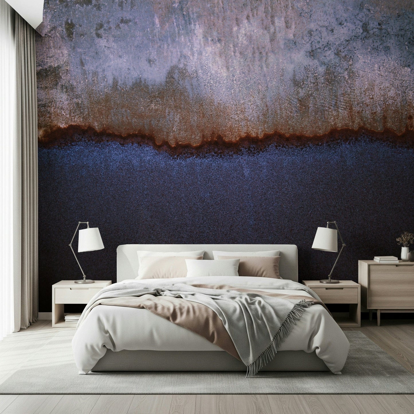 Wall mural featuring abstract oxidized textures with horizon-inspired tones