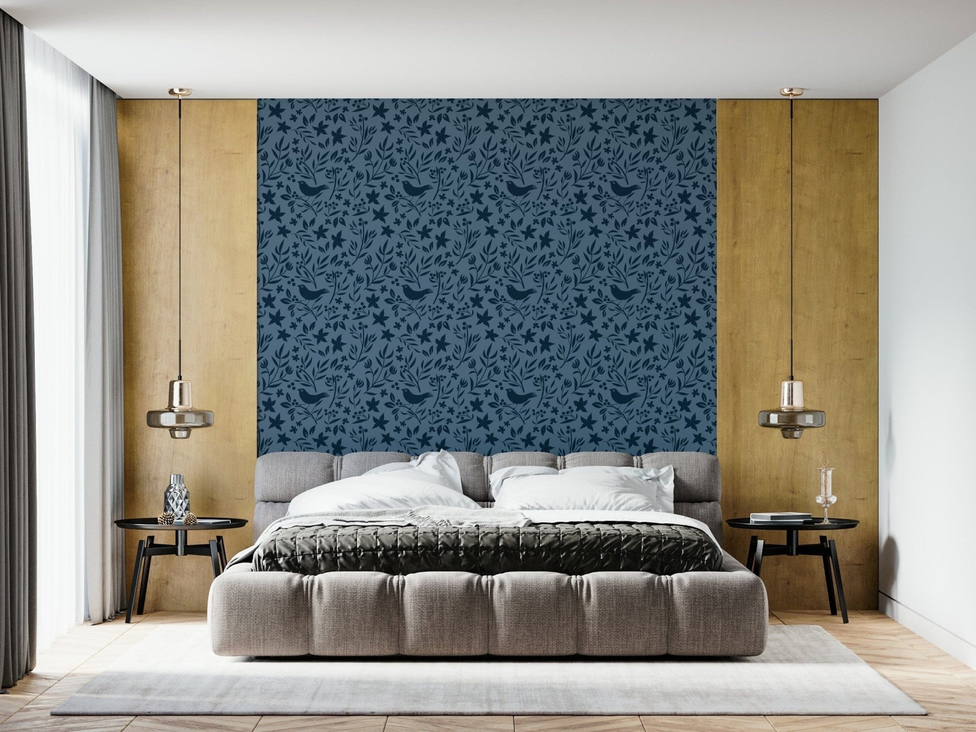 Intricate botanical wallpaper, Folk Bird Theme, contemporary blue.