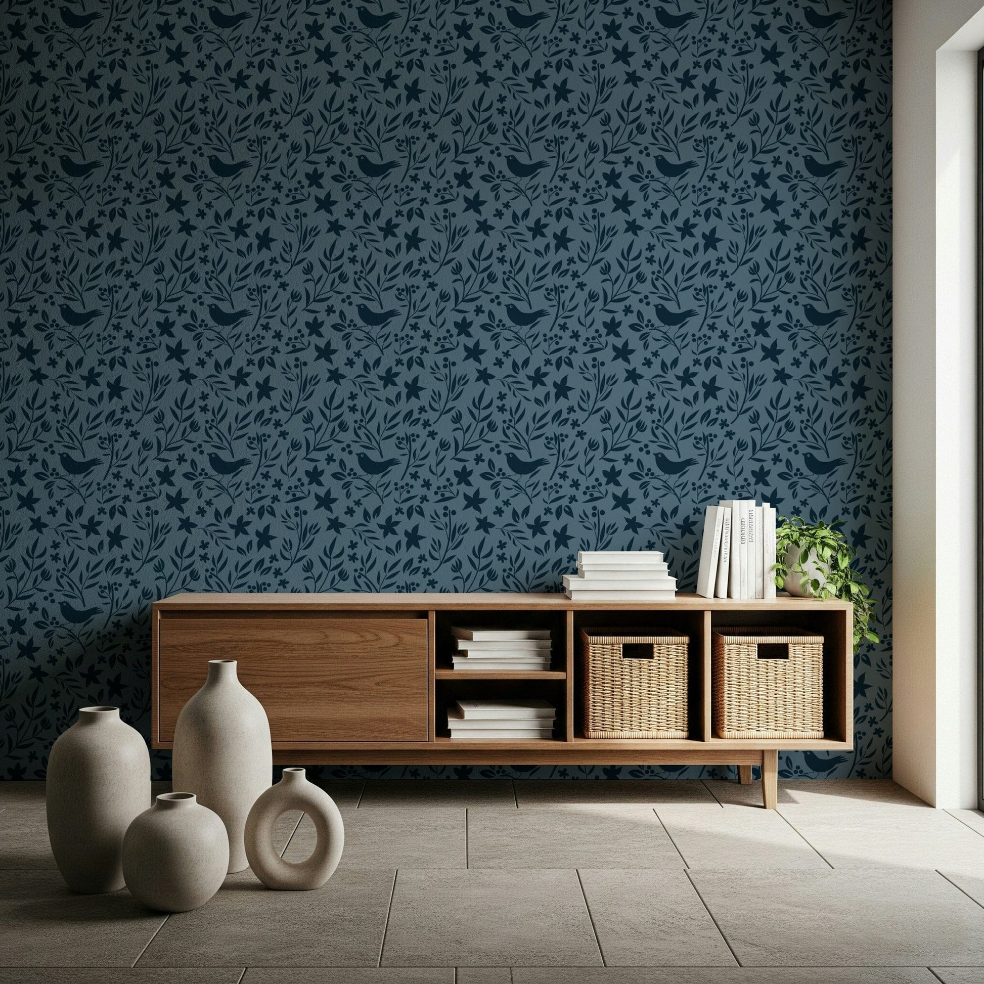 Elegant birds and vines, Folk Bird Botanical, cosy bedroom wallpaper.