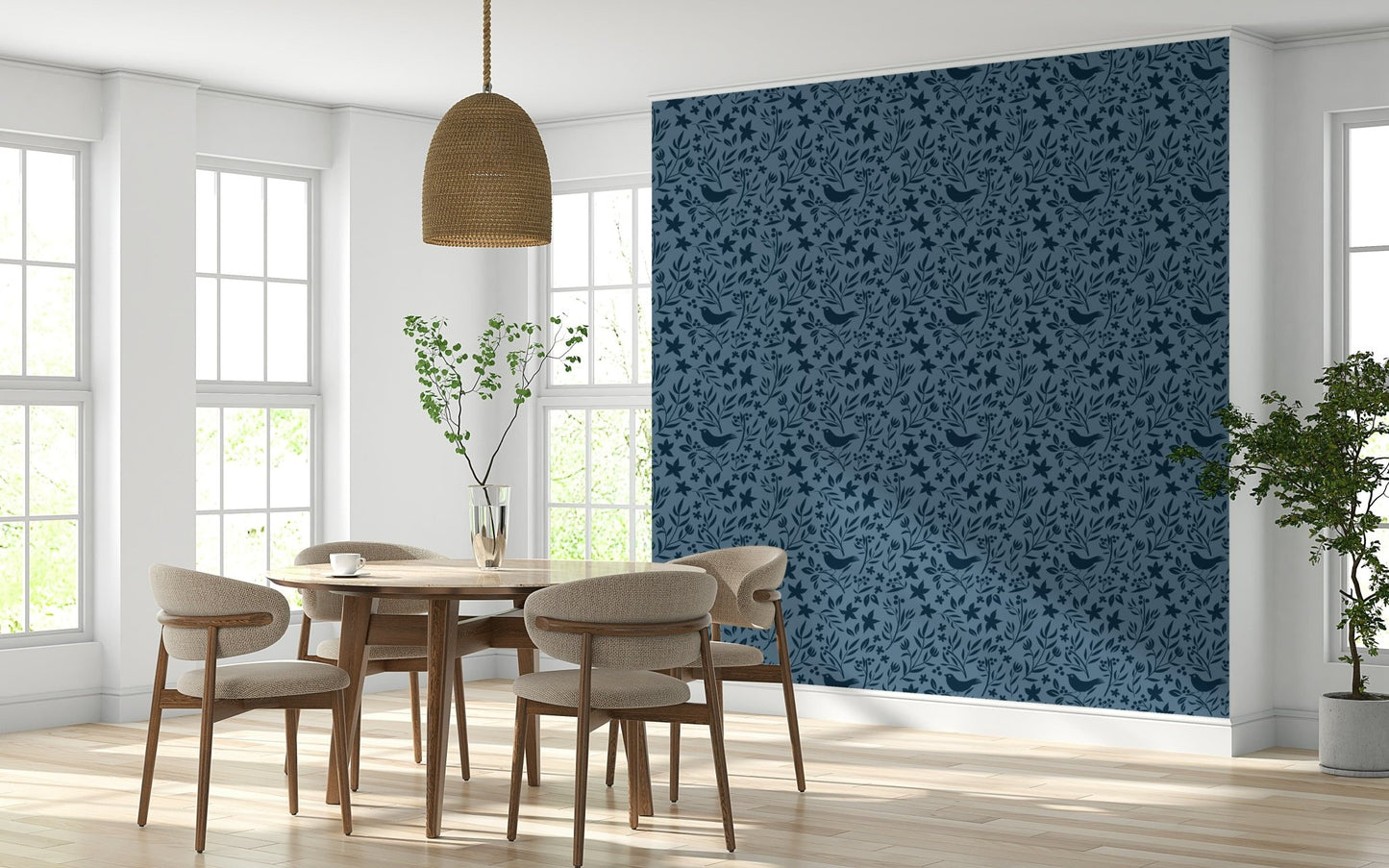 Muted denim pattern, Scandinavian Folk Bird Botanical, deep hue.