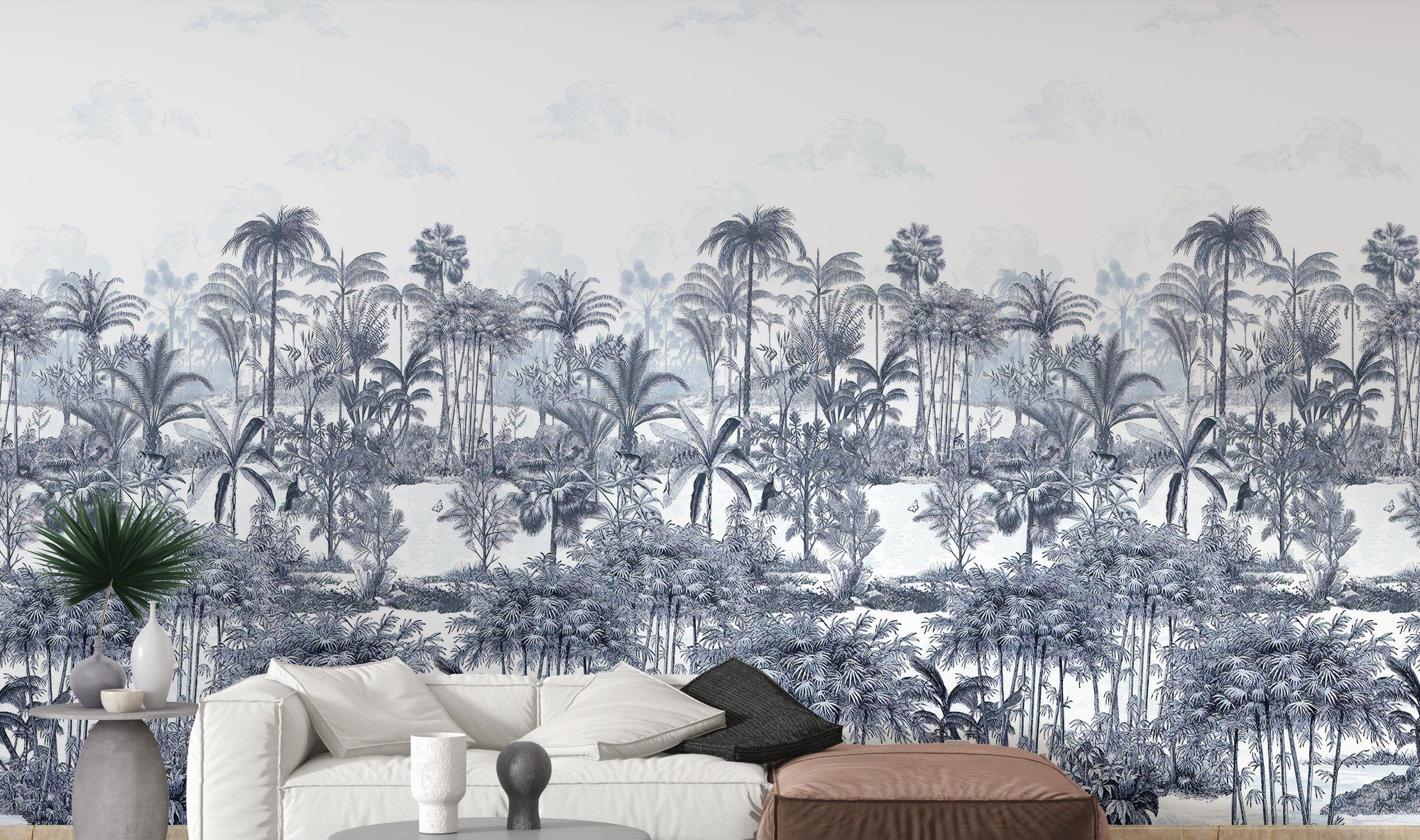 Blue Shades Palm Trees wallpaper mural shown as a full feature wall that highlights the design