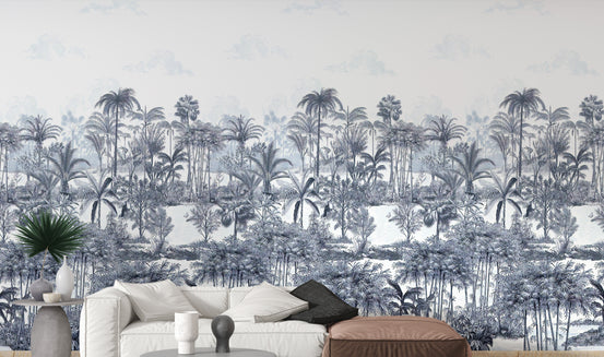 Blue Shades Palm Trees wallpaper mural shown as a full feature wall that highlights the design