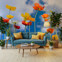 Red and white blooms wall mural in sunlight