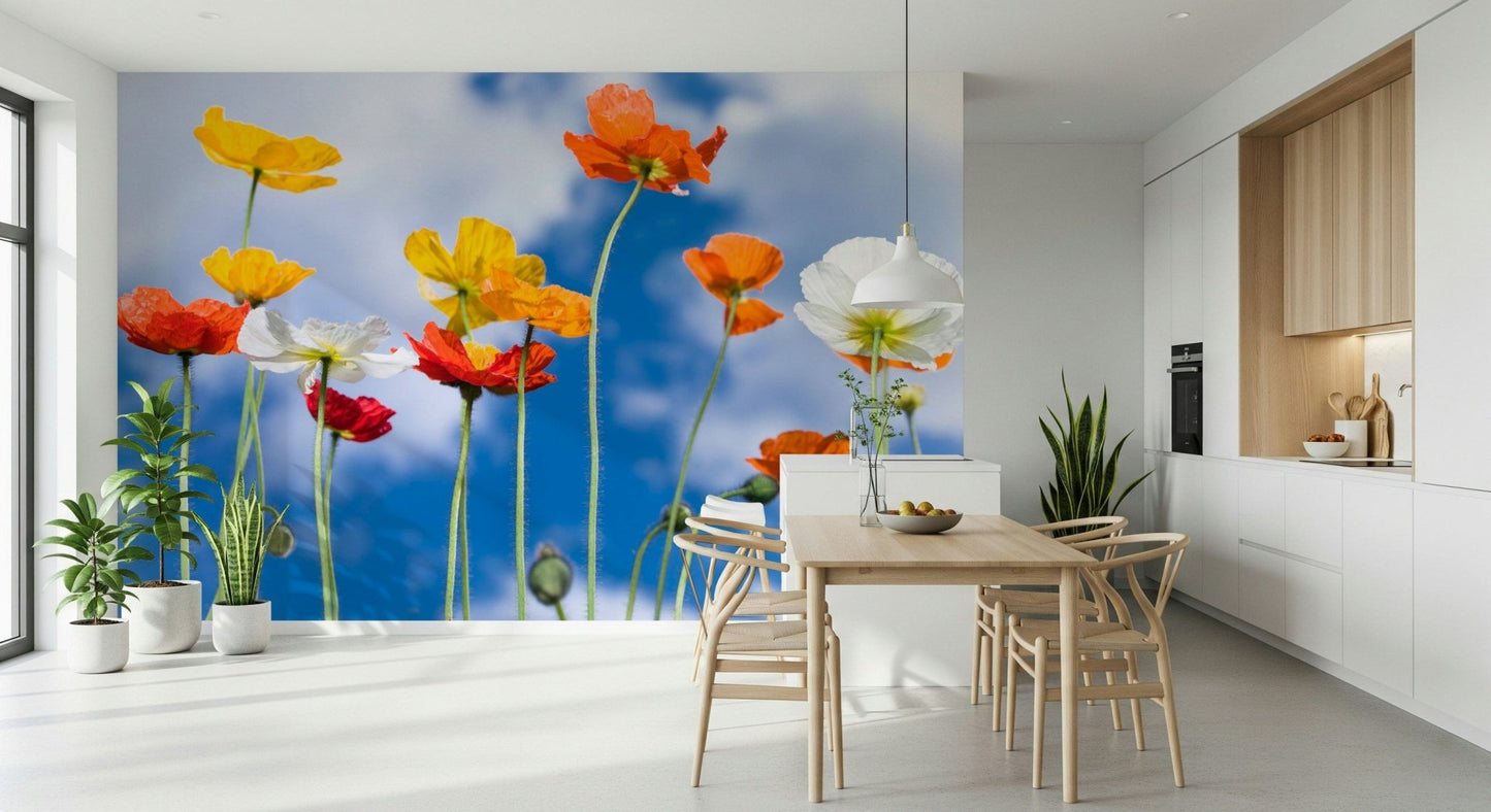Bright floral wall mural with yellow and red blooms
