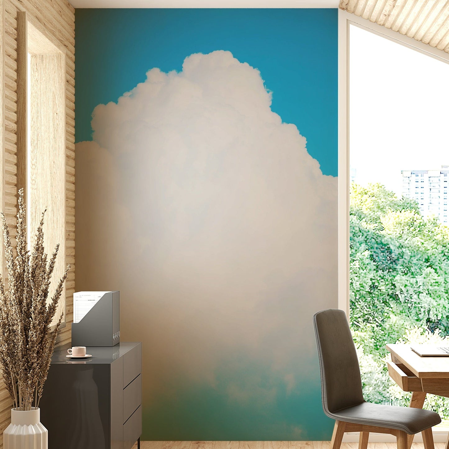 An artistic dreamy sky mural on minimalist wallpaper.

