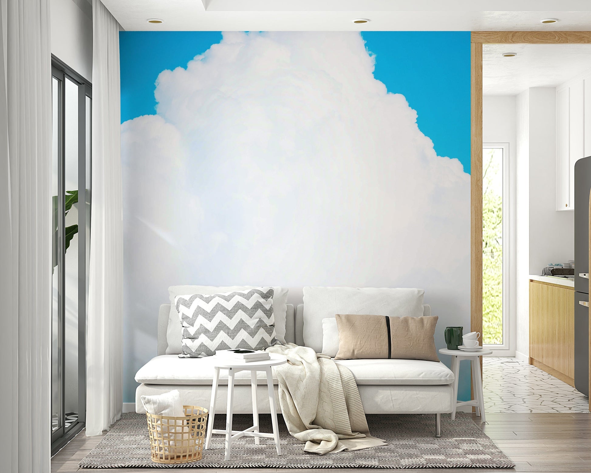 A beautiful blue sky wallpaper mural with soft clouds.


